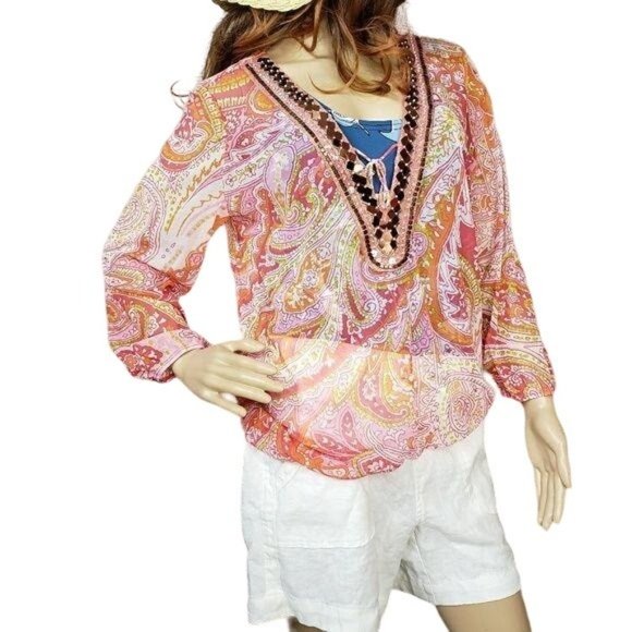 I.N.C beach swim suit coverup mesh sheer orange, beaded, paisley boho size M - Picture 5 of 6